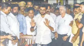  ?? PTI FILE ?? Shiv Sena leaders Eknath Shinde (second from left) and Aaditya Thackeray, along with other party leaders, address a press conference in Mumbai on November 11.