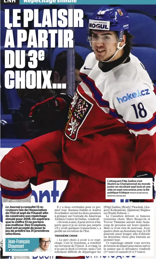  ?? PHOTO D’ARCHIVES, MARTIN CHEVALIER ?? L’attaquant Filip Zadina s’est illustré au Championna­t du monde junior en récoltant sept buts et une aide en sept rencontres avec la République tchèque