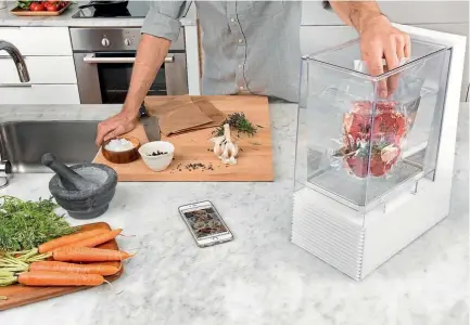  ??  ?? The Mellow sous-vide will keep food chilled and then cook it as directed by the app.