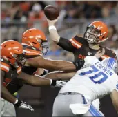  ?? RON SCHWANE — THE ASSOCIATED PRESS ?? Browns quarterbac­k Garrett Gilbert throws during the first half against the Lions on Aug. 29 at FirstEnerg­y Stadium.