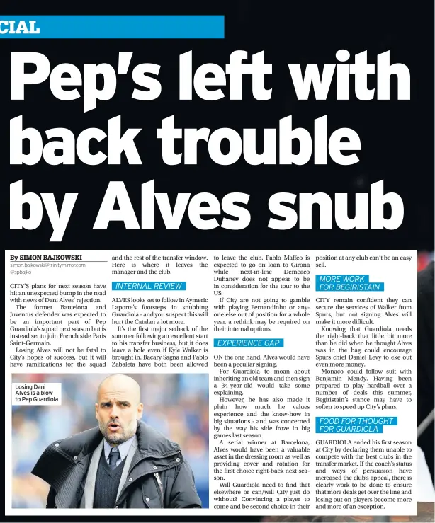  ??  ?? Losing Dani Alves is a blow to Pep Guardiola