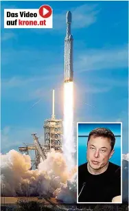  ??  ?? Die Superraket­e „ Falcon Heavy“beim Start in Cape Canaveral ( li.) An Bord befindet sich das rote Tesla- Elektro- Cabriolet ( u.) von Elon Musk ( kl. Foto).