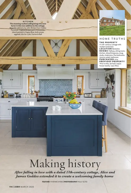  ??  ?? KITCHEN
The stunning vaulted ceiling brings the wow factor in this new addition to the cottage. Bespoke cabinetry by John Britten from Oakley Furniture. Cupboards painted in Ammonite; island painted in Hague Blue, both estate eggshell, £62 for 2.5ltr, Farrow & Ball