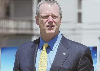  ?? STAFF PHOTO BY ANGELA ROWLINGS ?? CAPITAL PUNISHMENT: Gov. Charlie Baker, seen yesterday, said his office is considerin­g crafting a bill that would reinstate the death penalty for police killers.