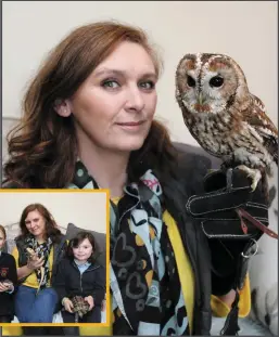  ??  ?? Marie Fleming of The Animal Roadshow with Horton the Tawnee Owl. Below: Husband and business partner Brendan, Marie, Elfie and Hollie holding Webster the Tarantula, Bruce the Bearded Dragon Lizard, Mr. Blue the Blue Tongued Lizard, and Johnny 5, the Tortoise.