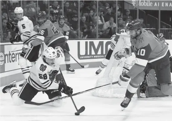  ?? ETHAN MILLER/GETTY IMAGES ?? Forward MacKenzie Entwistle (58) is third on the Blackhawks (behind Brandon Hagel and Patrick Kane) in even-strength points per minute.