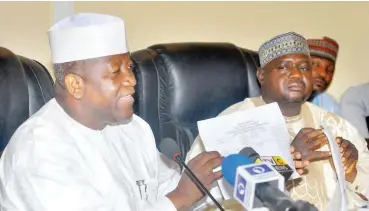  ??  ?? Zamfara State Governor, Abdulaziz Yari (left) and the state Attorney- General, Bello Umar, during a press conference in Zamfara over a court’s judgment on the party’s gubernator­ial primaries and the legality of President Muhammadu Buhari visit to the state today