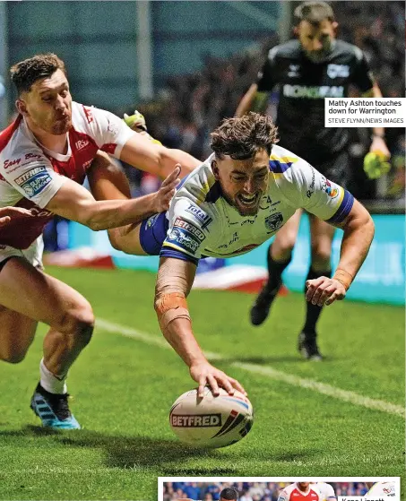  ?? STEVE FLYNN/NEWS IMAGES ?? Matty Ashton touches down for Warrington