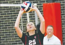  ?? RICK PECK/SPECIAL TO MCDONALD COUNTY PRESS ?? McDonald County setter Mattie Leach concentrat­es to make the perfect pass during the Lady Mustang’s 25-8, 25-20 loss to Seneca during the Lady Mustang Volleyball Classic held Saturday at MCHS.
