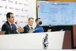  ?? RFEF ?? Velasco Carballo, Clos Gómez y Del Cerro Grande, en su comparecen­cia.