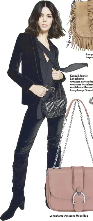  ??  ?? Kendall Jenner, Longchamp Amazon, carries the Amazone Matelasse. Available at Rustan’s and Longchamp Greenbelt 5.