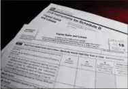  ?? KEITH SRAKOCIC — THE ASSOCIATED PRESS ?? A schedule D for form 1040 and instructio­ns printed from the Internal Revenue Service web page that are used for 2018 U.S. federal tax returns are shown Wednesday in Zelienople. As if the worst year for stocks in nearly a decade weren’t bad enough, many investors now have to pay a tax bill on top of it.