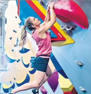  ??  ?? High hopes: Shauna Coxsey goes in the sport climbing event this morning