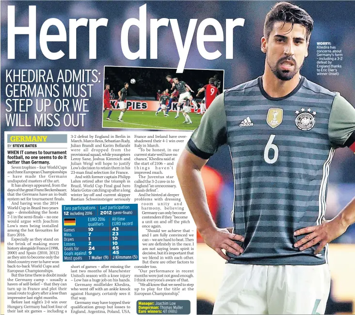  ??  ?? WORRY: Khedira has concerns about Germany’s form – including a 3-2 defeat by England thanks to Eric Dier’s winner (inset)