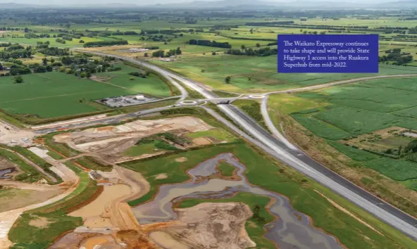  ?? ?? The Waikato Expressway continues to take shape and will provide State Highway 1 access into the Ruakura Superhub from mid-2022.