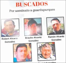  ??  ?? Los cinco buscados por el doble crimen en la reserva privada Tapytã ocurrido el 18 de agosto de 2018. Siete meses después continúan prófugos.