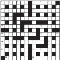  ?? PRIZES of £20 will be awarded to the senders of the first three correct solutions checked. Solutions to: Daily Mail Prize Crossword No. 15,284, PO Box 3451, Norwich NR7 7NR. Entries may be submitted by second-class post. Envelopes must be postmarked no la ?? No 15,284 SOLUTION TO PRIZE CROSSWORD No 15,281:
ACROSS: 6 Rhythm and blues. 9 Odessa. 10 Staccato. 11 Sculptor. 13 Isobar. 15 Israel. 17 Reader. 19 Unshod. 20 Asteroid. 22 Tia Maria. 24 Rascal. 26 Demisemiqu­aver. DOWN: 1 Production line. 2 Byes. 3...