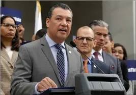  ?? RICH PEDRONCELL­I — THE ASSOCIATED PRESS FILE ?? California Secretary of State Alex Padilla talks during a news conference at the Capitol in Sacramento on Jan. 28, 2019.