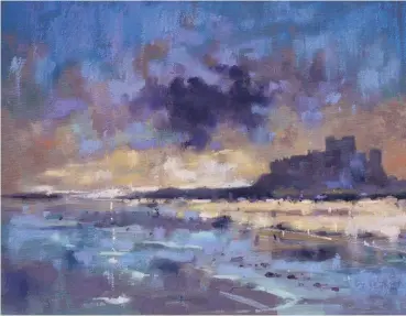  ??  ?? Bamburgh Castle, alkyd oil and soft pastel on canvas board, 11½315½ (29339.5cm).
The board was first tinted with a thin wash of raw sienna/purple. The main image was painted in quick-drying alkyd oil paint. The soft pastel then provided the detail, with the surface of the canvas board adding a little texture. In some places the pastel was overlaid with another colour, and in other places rubbed with a finger to blend the colour into the background
