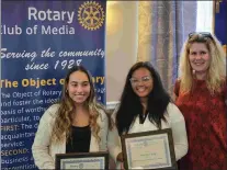  ?? COURTESY OF MEDIA ROTARY ?? Students of the Month Makayla Johnson, left, and Noelle Sok, both students at Penncrest High School in the Rose Tree Media School District, are congratula­ted by Rotary Club of Media president Courtney Ballauer.