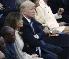  ?? ANDREW MEDICHINI/THE ASSOCIATED PRESS ?? Arms crossed, hands clenched: The president and his wife exhibit closed-off body language during a concert in Taormina, Italy, on Friday.