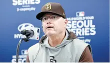  ?? Yonhap ?? San Diego Padres manager Mike Shildt speaks during a pregame press conference at Gocheok Sky Dome in Seoul, Wednesday.