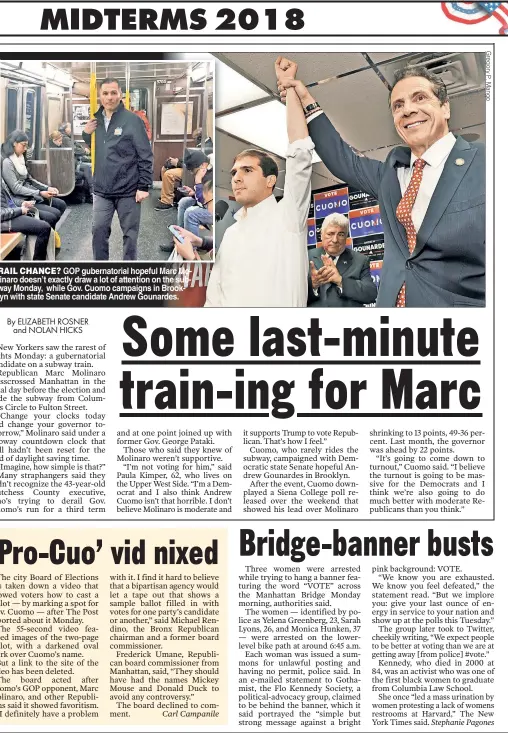  ??  ?? RAIL CHANCE? GOP gubernator­ial hopeful Marc Mo linaro doesn’t exactly draw a lot of attention on the subway Monday, while Gov. Cuomo campaigns in Brooklyn with state Senate candidate Andrew Gounardes.