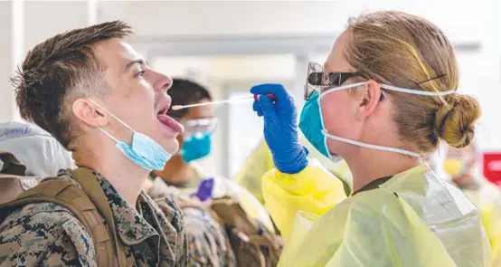  ?? Picture: US MARINE CORPS ?? DEFENSIVE LINE: The final wave of US marines endured COVID testing before heading to quarantine at Robertson Barracks.