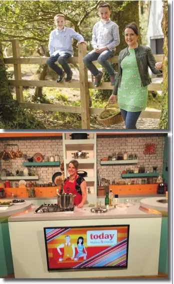  ??  ?? TOP RIGHT: Karen ‘foraging’ with her twin boys Conor and Ruairí while BOTTOM RIGHT: Karen pictured at the screen test for her appearance on the RTÉ’s Today Show.