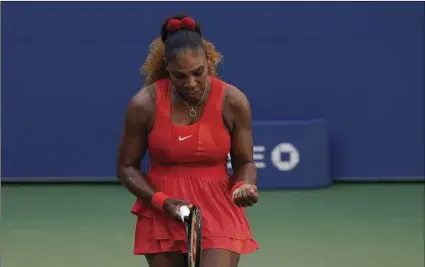  ?? AP PHOTO/SETH WENIG ?? Serena Williams, of the United States, reacts during a match against Sloane Stephens, of the United States, during the third round of the US Open tennis championsh­ips, on Saturday in New York.