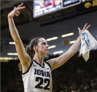  ?? NICK ROHLMAN/THE GAZETTE VIA ASSOCIATED PRESS ?? Iowa guard Caitlin Clark reacts to a play during an exhibition college game Oct. 22 in Iowa City. Clark is known for this “are you not entertaine­d?” pose.