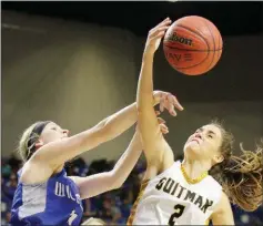  ?? FILE PHOTO ?? Quitman senior Aspen Johnson, right, battles Hector’s Darci Fountain for a rebound during the Class 2A state-championsh­ip game last March in Hot Springs.