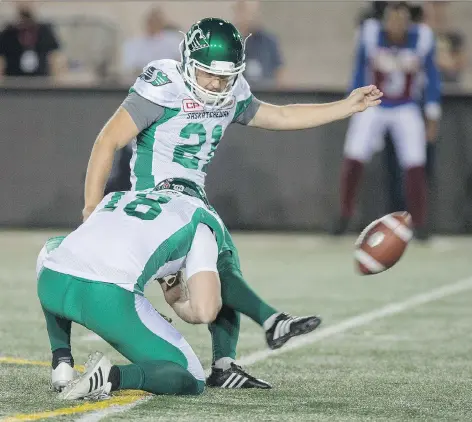  ?? PAUL CHIASSON/THE CANADIAN PRESS FILES ?? Roughrider­s placekicke­r Tyler Crapigna missed a 45-yard field goal in the final seconds of the June 22 match against the Montreal Alouettes.