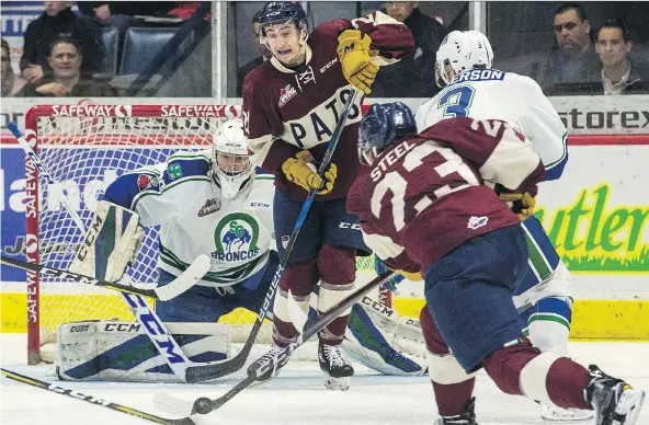  ?? BRANDON HARDER ?? The Regina Pats Sam Steel fires a shot on net during Friday’s game against the Swift Current Broncos at the Brandt Centre, a 3-2 Pats overtime victory.