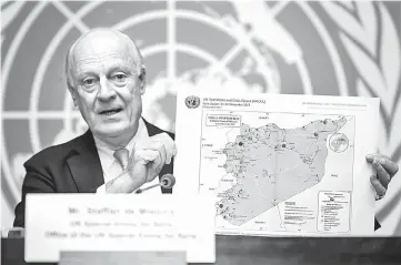  ??  ?? De Mistura gives a press conference closing a round of Intra Syria peace talks at the European headquarte­rs of the UN offices in Geneva. — AFP photo