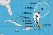  ?? National Hurricane Center ?? Tropical Storm Earl’s projected path as of 8 a.m. Sunday. Fisherman rescued off U.S. Virgin Islands, Page 5A