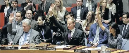  ??  ?? Members of the UN Security Council vote 15-0 to impose new sanctions on North Korea during a Security Council meeting over North Korea on December 22, 2017, at UN Headquarte­rs in New York City.