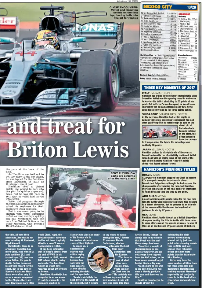  ?? Main picture: YURI CORTEZ ?? CLOSE ENCOUNTER: Vettel and Hamilton collide on the first lap, forcing both into the pit for repairs SENT FLYING: Car parts are airborne after the early clash DOVIZIOSO: Sixth win