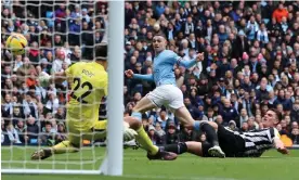  ?? Photograph: David Blunsden/Action Plus/Shuttersto­ck ?? After a bursting run, Phil Foden’s shot deflects off Sven Botman and into the Newcastle net.