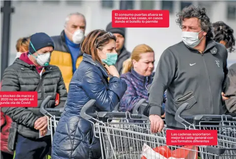  ?? ?? El efecto stockeo de marzo y abril de 2020 no se repitió en esta segunda ola de Covid
El consumo puertas afuera se traslada a las casas, en casos donde el bolsillo lo permite
Las cadenas soportaron mejor la caída general con sus formatos diferentes