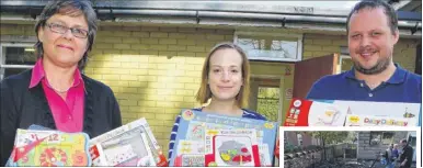  ?? FM4325429 ?? St Michael’s playgroup’s deputy nursery manager Dan Gibbons and nursery manager Charlotte Berry, centre, with Liz Ireland, director at Bigjigs which donated toys Inset: Surveying the blaze damage last week