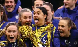  ?? Photograph: Naomi Baker/Getty Images ?? Sam Kerr (centre) celebrates with her Chelsea teammates after they won the League Cup final 6-0 against Bristol City on Sunday.