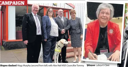  ??  ?? Hopes dashed Mags Murphy (second from left) with Alex Neil MSP, Councillor Tommy my Cochrane and First Minister Nicola Sturgeon (left to right) at Bell’s visit Winner Labour’s Clare Quigley won the seat