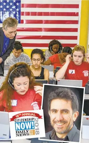  ?? ANTHONY DELMUNDO/DAILY NEWS ?? Eduardo Peñaloza (inset) got critical support from Citizenshi­p NOW! (above) and is dedicated to helping others live the American dream.