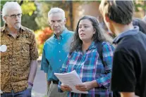  ?? LUIS SÁNCHEZ SATURNO/THE NEW MEXICAN ?? Maria Perez, director of FairVote New Mexico, speaks Wednesday in front of City Hall, where the group announced it has filed a lawsuit against the city in an attempt to get ranked-choice voting.