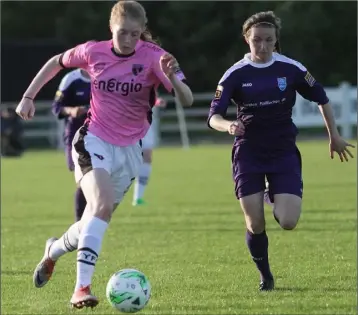  ??  ?? Orla Casey of Wexford Youths racing clear of Dearbhaile Beirne (UCD Waves) in Saturday’s semi-final.