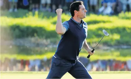  ?? ANDREW REDINGTON/GETTY IMAGES ?? Rory McIlroy of Europe reacts on the 16th green after making a putt to win the match during afternoon four-ball play Friday at the 41st Ryder Cup at Hazeltine National Golf Club in Chaska, Minn.