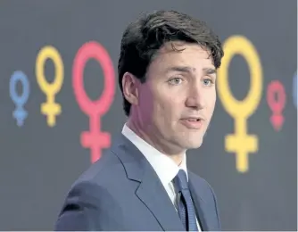  ?? ADRIAN WYLD/THE ?? Prime Minister Justin Trudeau speaks during an event on Internatio­nal Women’s Day on Wednesday in Ottawa.