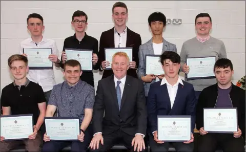  ??  ?? Sixth year Student of the Year nominees (from left), back – Richard Kielty, James Bartlett, Enda Doyle, Andt Wongpracha­n and Brien Sweetman; front – Graeme Smyth, Tony Wilde, Michael McMahon (school principal), Alex Eydt and Matthew Creane