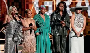  ?? AP ?? Lady Gaga, from left, Jada Pinkett Smith, Alicia Keys, Michelle Obama and Jennifer Lopez speak at the 61st annual Grammy Awards in Los Angeles.